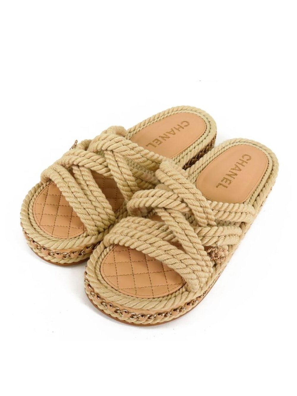 Chanel Ropesandals Beige Fabric Leather Flat
